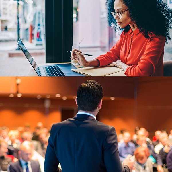 2 images. 1 image of woman on her laptop. the other of a man speaking to a crowd.