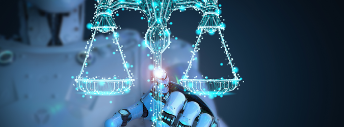 Artificial Intelligence graphic blue finger pointing at justice scales