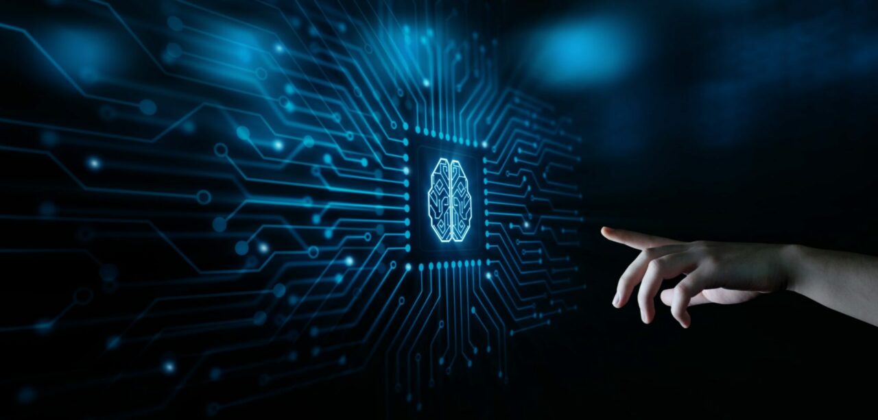 AI Shutterstock Image finger pointing to computer screen on blue background