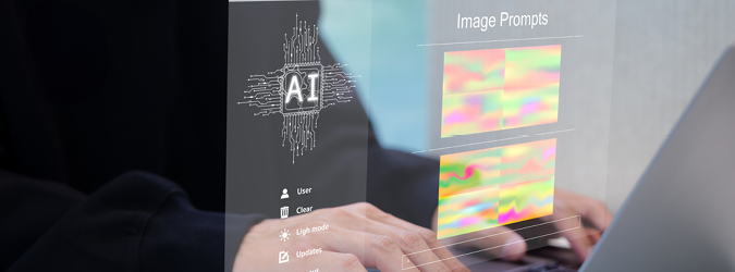 AI Graphic. Hands typing at computer with hologram image.