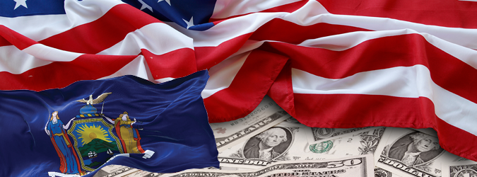 Image of dollar bills, U.S. and New York State Flags