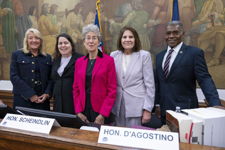 The panel of judges for the civil trial reenactment. From left to right: Justice Linda Jamieson, Judge Jeannette Vargas, Judge Shira Scheindlin, Judge Mae D’Agostino, and Justice Robert Reed.