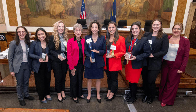From left to right: Helene Hechtkopf, chair of the New York State Bar Association’s Commercial and Federal Litigation Section and partner at Hoguet Newman Regal & Kenney; Mary Serene Carino, associate at Farrell Fritz; Kelly Geary, associate at Adams Leclair; Judge Shira Scheindlin; Carolyn Pokorny, former First Assistant U.S. Attorney for the Eastern District of New York; Alyssa C. Goldrich, associate at Tannenbaum Helpern; Morgan V. Manley, partner at Smith, Gambrell & Russell; Michaela J. Mancini, associate at Bond, Schoeneck & King; and Maryann Stallone, chair-elect of the Commercial and Federal Litigation Section, program chair of the Taking the Lead Program, and partner at Tannenbaum Helpern.