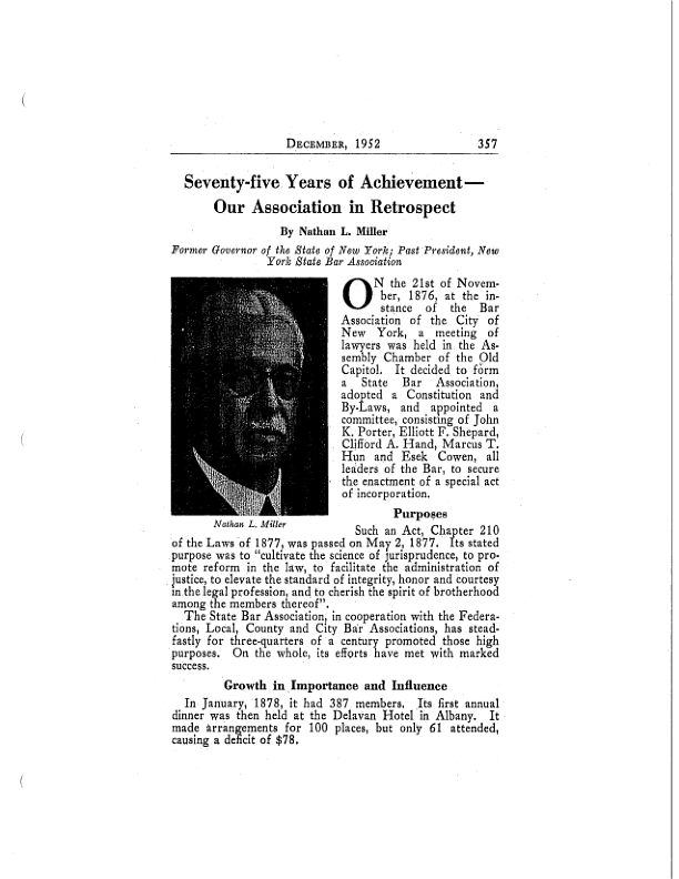 Seventy-Five Years of Achievement-Our Association in Retrospect: President Nathan L. Miller (1952)