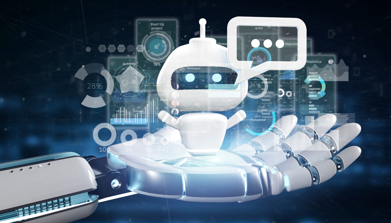 Graphics of a robot being held in the palm of a computer-generated hand.