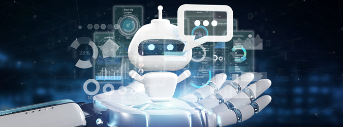 Graphics of a robot being held in the palm of a computer-generated hand.