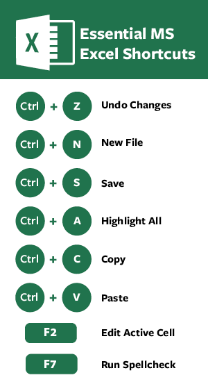 Infographic listing essential MS Excel shortcuts: Ctrl+Z undo, Ctrl+N new file, Ctrl+S save, Ctrl+A highlight all, Ctrl+C copy, Ctrl+V paste, F2 edit cell, F7 run spellcheck.