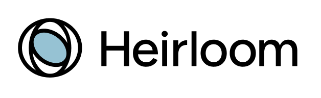 Heirloom logo with a stylized circular icon containing overlapping black lines and a blue center, next to the word Heirloom in bold black font on a light background.