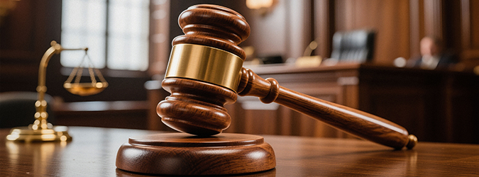 A wooden gavel rests on a sound block in a courtroom, with scales of justice and wood-paneled walls visible in the background.