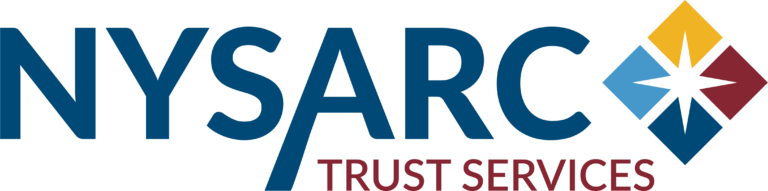 NYSARC Trust Services logo with bold blue letters and a geometric diamond shape made of yellow, blue, red, and white segments on the right.