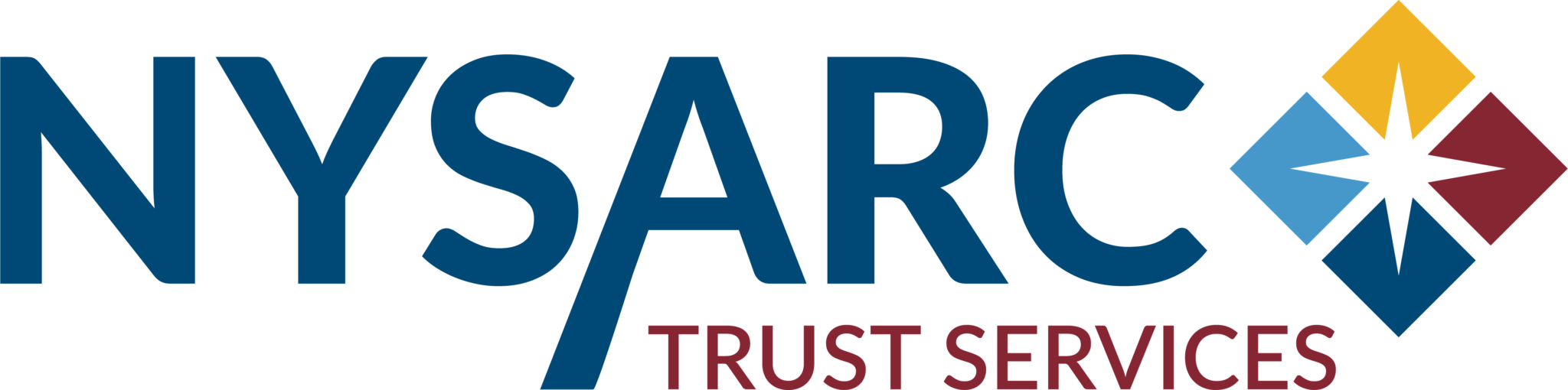 NYSARC Trust Services logo with bold blue letters and a geometric diamond shape made of yellow, blue, red, and white segments on the right.