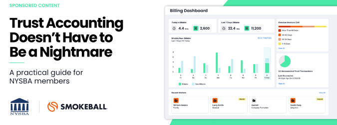 A digital ad for trust accounting software shows a billing dashboard, bar charts, and logos for NYSBA and Smokeball, with the headline: “Trust Accounting Doesn’t Have to Be a Nightmare.”.