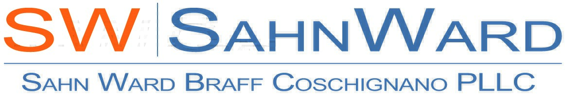 Logo for Sahn Ward Braff Cobshignano PLLC. “SW” in orange, “Sahn Ward” in blue, and “Sahn Ward Braff Coschignano PLLC” in blue below.