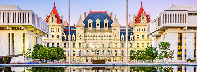 The New York State Capitol building in Albany is shown with its ornate architecture, red roofs, and flanked by modern office buildings, reflected in a pool of water in the foreground.