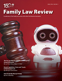 A toy robot and a judge’s gavel are shown against a red background on the cover of Family Law Review, with article titles and the publication’s 150th anniversary logo.