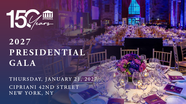 Elegant banquet hall set for the NYSBA 150th Anniversary 2027 Presidential Gala, with round tables, purple-lit decor, and event details on the left.