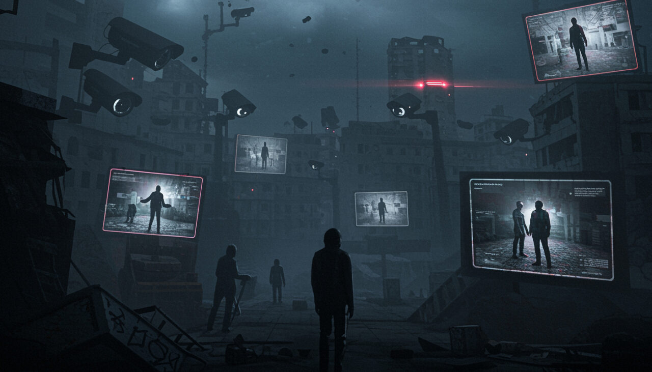 Dark city with silhouettes of people, large surveillance cameras, and multiple screens showing shadowy figures. The scene appears dystopian, with damaged buildings and an eerie, oppressive atmosphere, evoking themes of surveillance and control.