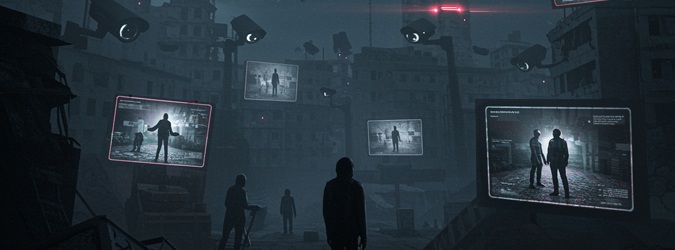 A dark, dystopian cityscape with large screens and security cameras displaying surveillance footage of shadowy figures; people stand and watch in the gloomy, futuristic scene.