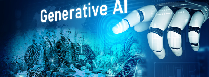 A robotic hand points to the words Generative AI above a digital artwork depicting historical figures in a blue-toned scene, blending technology and history.