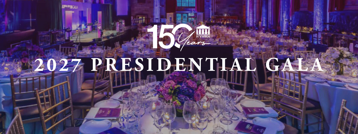 Elegant event hall set for the NYSBA 150th anniversary 2027 Presidential Gala, with decorated tables, floral centerpieces, wine glasses, and stage in the background.