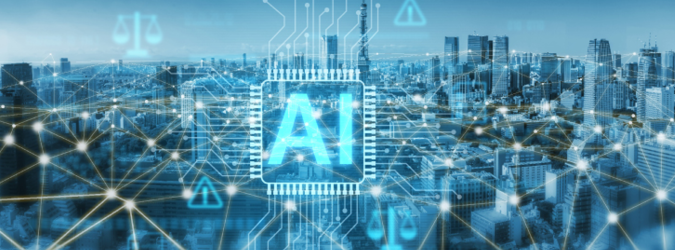 A city skyline overlaid with digital graphics, including a large glowing AI on a microchip, network connections, and technology icons, symbolizing artificial intelligence integration in urban environments.