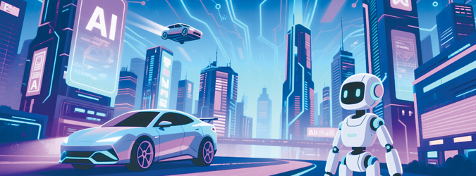A futuristic city with glowing skyscrapers, a robot, a self-driving car, and a flying vehicle. AI signs are visible, and the scene is lit with blue and purple hues, conveying advanced technology.