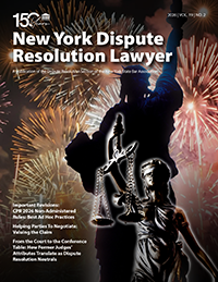 Cover of New York Dispute Resolution Lawyer magazine with fireworks in the background, a silhouette of a statue holding scales, and article titles listed at the bottom.