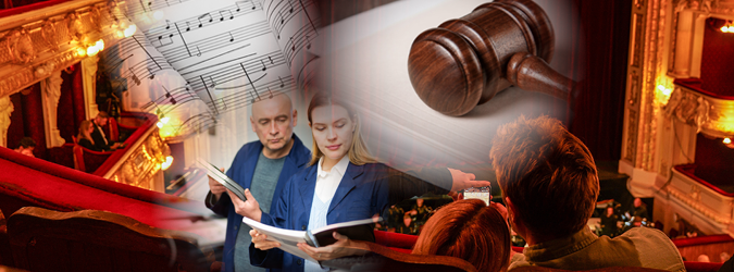 A collage showing people reading in a theater, an audience watching a performance, sheet music, and a judges gavel, representing arts, law, and culture.