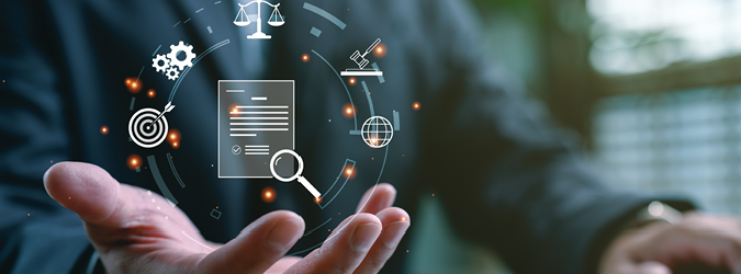 A person holds out their hand; floating digital icons of a document, magnifying glass, gear, gavel, and scales represent legal or business concepts and technology integration.