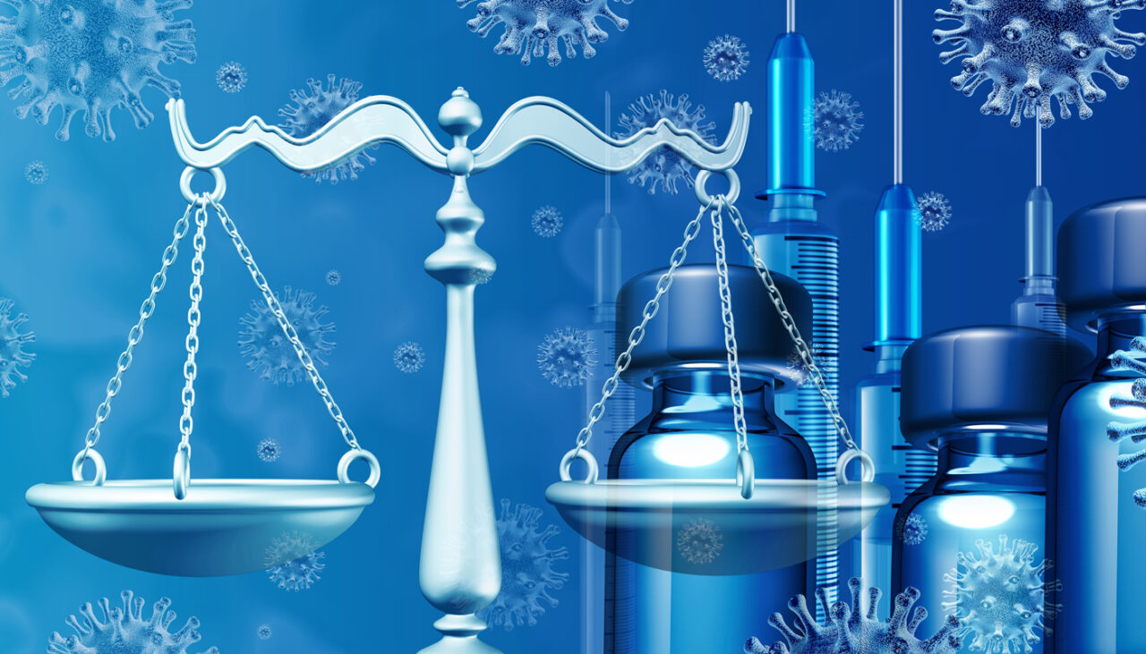 A silver balance scale, vaccine vials, and syringes are shown against a blue background with floating virus illustrations, symbolizing the balance between law, medicine, and the fight against disease.