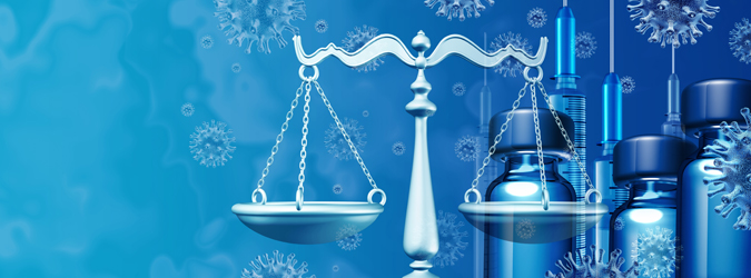 A silver balance scale with vaccine vials and a syringe in the background, surrounded by illustrated virus particles on a blue gradient backdrop.