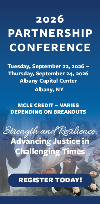Conference flyer with event details, including dates, location, MCLE credit info, theme Strength and Resilience: Advancing Justice in Challenging Times, and a Register Today! button over an image of people joining hands.