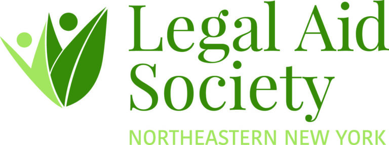 Legal Aid Society Northeastern New York logo with green abstract figures and leaves on the left and green text on the right.