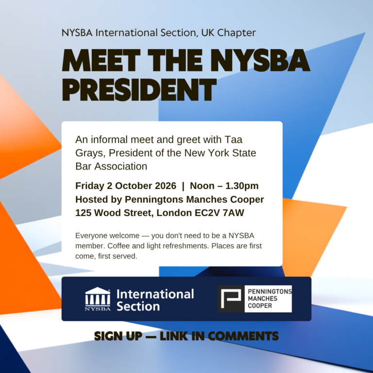 Event invitation for a meet and greet with Taa Grays, NYSBA President, on October 2, 2026, in London. Hosted by Penningtons Manches Cooper. Coffee and refreshments available. NYSBA and law firm logos shown.