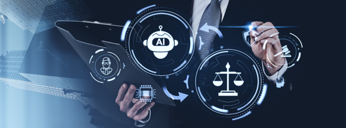 A person in a suit holds a clipboard and uses a stylus, surrounded by digital icons representing AI, law, technology, and communication, against a modern, high-tech background.