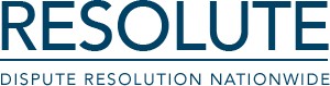 Logo with the word RESOLUTE in large blue letters above the smaller text Dispute Resolution Nationwide in blue capital letters on a white background.