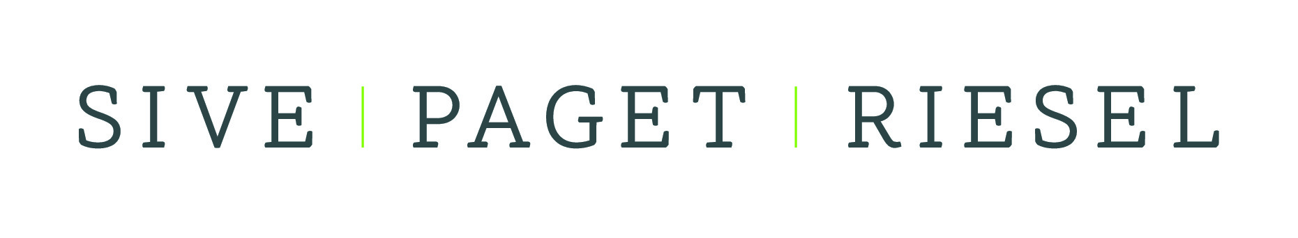Text logo reading SIVE | PAGET | RIESEL in dark green capital letters with thin vertical green lines separating the words on a white background.