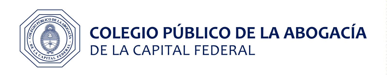 Logo of Colegio Público de la Abogacía de la Capital Federal with emblem on the left and the institutions name in bold blue text on a white background.