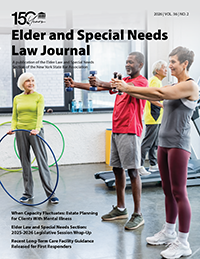 Four older adults exercise in a fitness room with a trainer, using barbells and hula hoops. They are smiling and wearing casual sportswear. Text above reads Elder and Special Needs Law Journal..