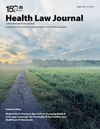 Cover of Health Law Journal with a misty field, a path, and trees in the distance under a cloudy sky. Text highlights Patient Safety and medical aid in dying in New York.