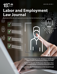 A person touches a digital screen showing employment icons, text, and an AI symbol. The cover reads Labor and Employment Law Journal with article topics listed below. A 150th-anniversary logo is in the top left corner.