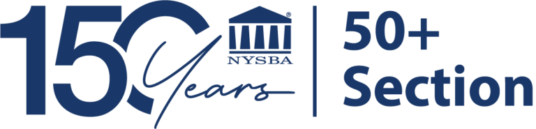 Logo with 150 Years, NYSBA with a building icon, and 50+ Section in blue text, marking the 150th anniversary of the New York State Bar Association.