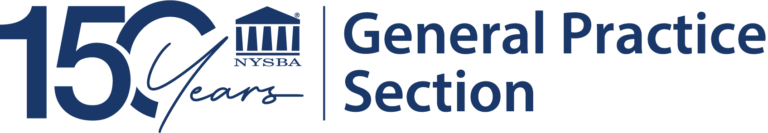 Logo with 150 Years next to a courthouse icon labeled NYSBA and the text General Practice Section in blue font on a white background.