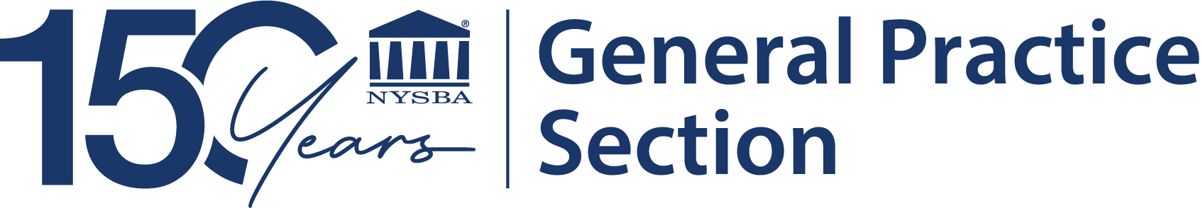 Logo with 150 Years next to a courthouse icon labeled NYSBA and the text General Practice Section in blue font on a white background.