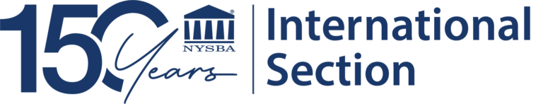 Logo with 150 Years and NYSBA under a courthouse icon, separated by a line from the text International Section in blue on a light background.