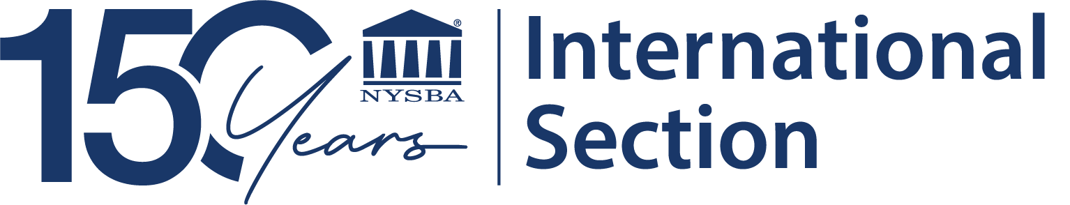 Logo with 150 Years and NYSBA under a courthouse icon, separated by a line from the text International Section in blue on a light background.