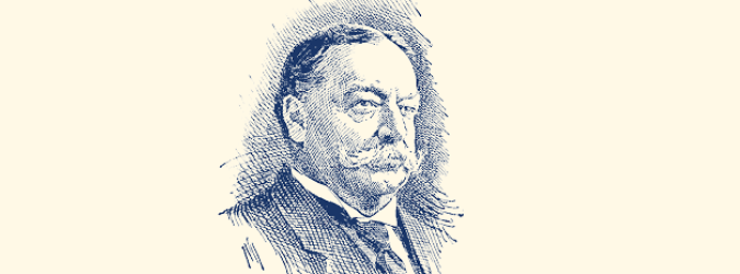 Blue and white sketch of an older man with a mustache, wearing a suit and tie, facing slightly to the left. The background is plain and light-colored.