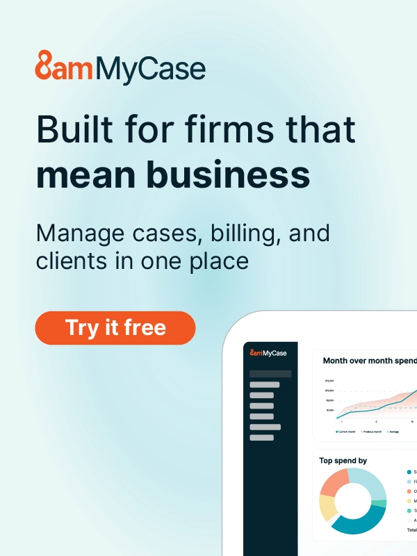 8amMyCase ad with the text: Built for firms that mean business. Manage cases, billing, and clients in one place. Includes a Try it free button and a partial dashboard with graphs and charts.