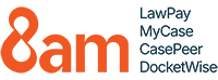 Orange 8am logo on the left. To the right, a list of names in blue: LawPay, MyCase, CasePeer, DocketWise. Light gray background.