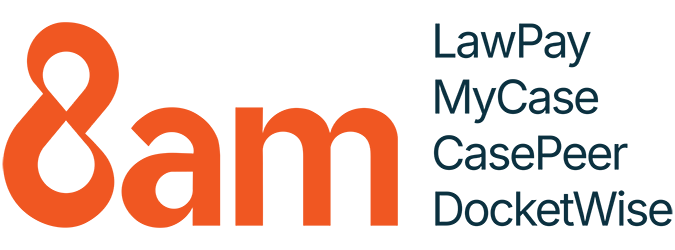 Large orange 8am on the left. On the right, a list of legal tech company names in blue: LawPay, MyCase, CasePeer, DocketWise. Light background.
